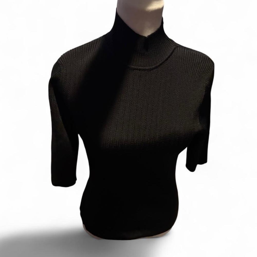 Cache Vintage Black Ribbed Knit Mock Neck Back Cutout Top Size Large NWT